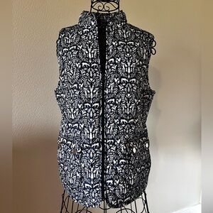 St Johns Bay Outerwear Vest Nordic Animal Print Navy Gold Buttons Size Large